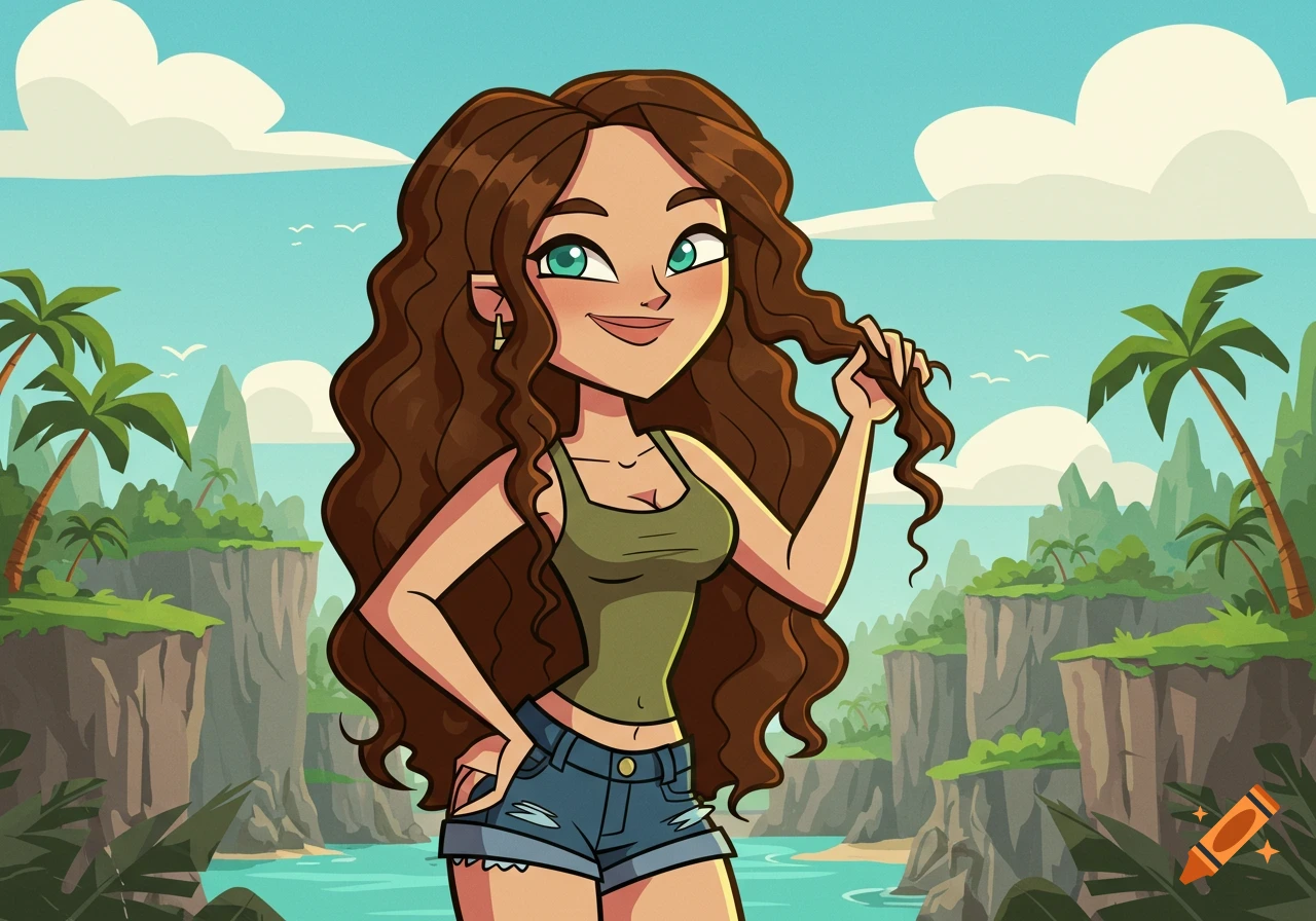 A cartoon girl with long brown curly hair, green tank top, and denim shorts stands in a tropical jungle, smiling and twirling her hair.