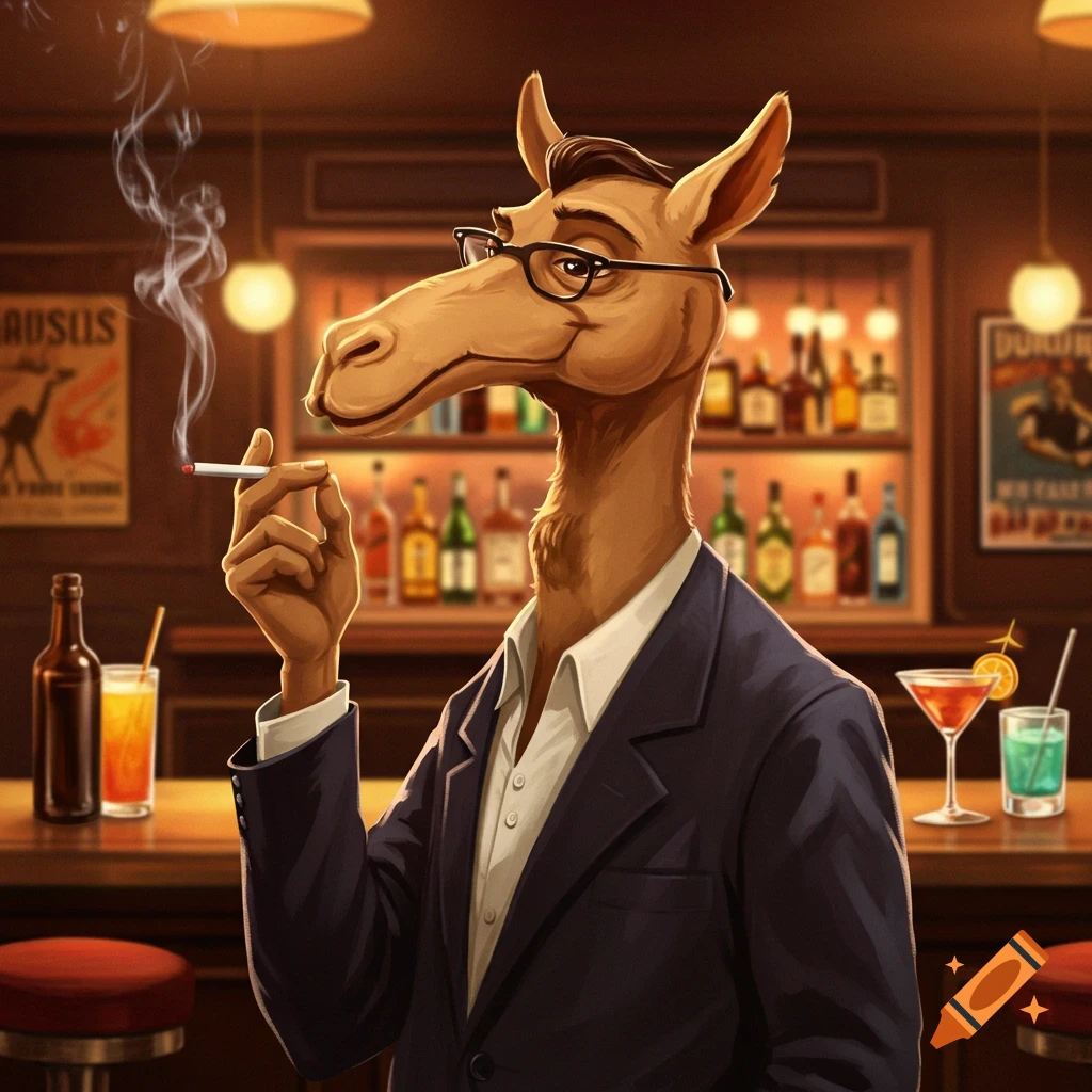 A cartoon anthropomorphic camel in a suit and glasses smokes a cigarette in a dimly lit bar.