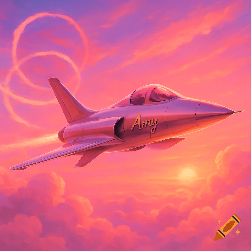 A pink jet with the name 'Amy' written on its side flies through a vibrant pink and purple sunset sky with clouds.