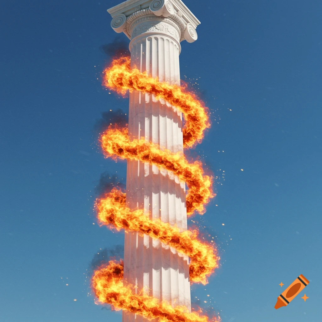 A tall white Greek-style column wrapped in swirling orange flames against a clear blue sky.