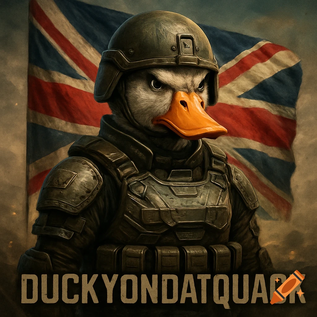 An anthropomorphic duck in military armor and helmet stands in front of a British Union Jack flag, with the name "DUCKYONDATQUACK" below.