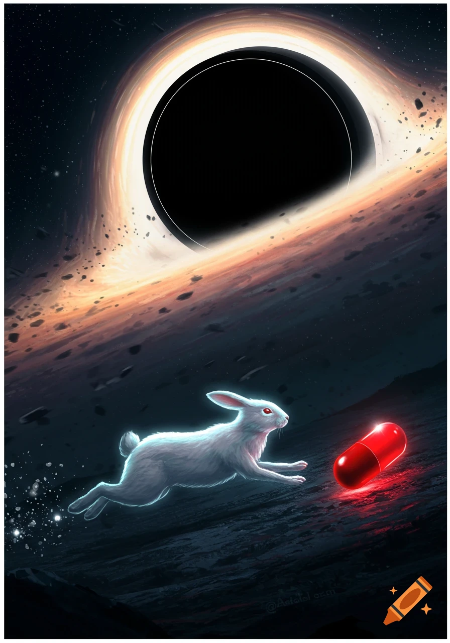 A white rabbit runs towards a glowing red pill with a large, bright black hole in the background.