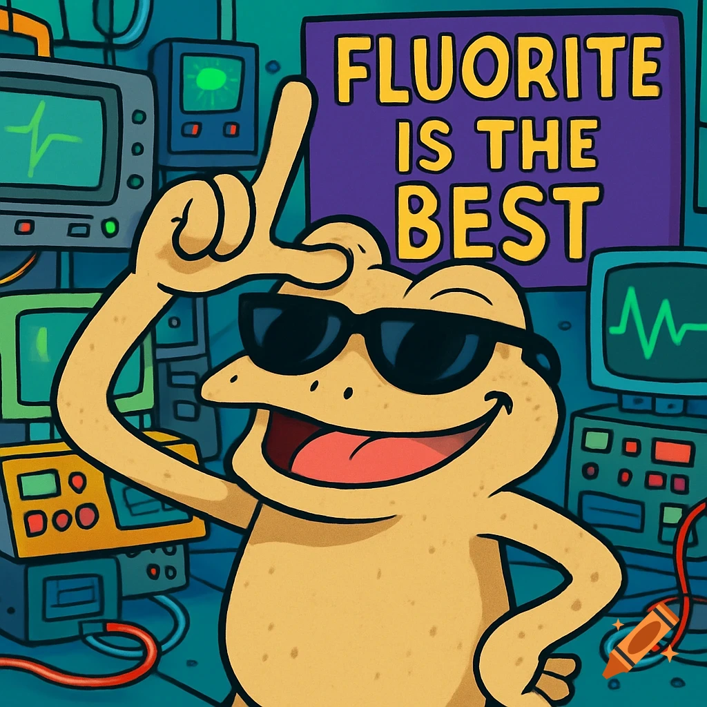 A sand-colored cartoon frog wearing sunglasses makes an 'L' sign on his forehead in a cluttered computer lab with a 'FLUORITE IS THE BEST' sign.
