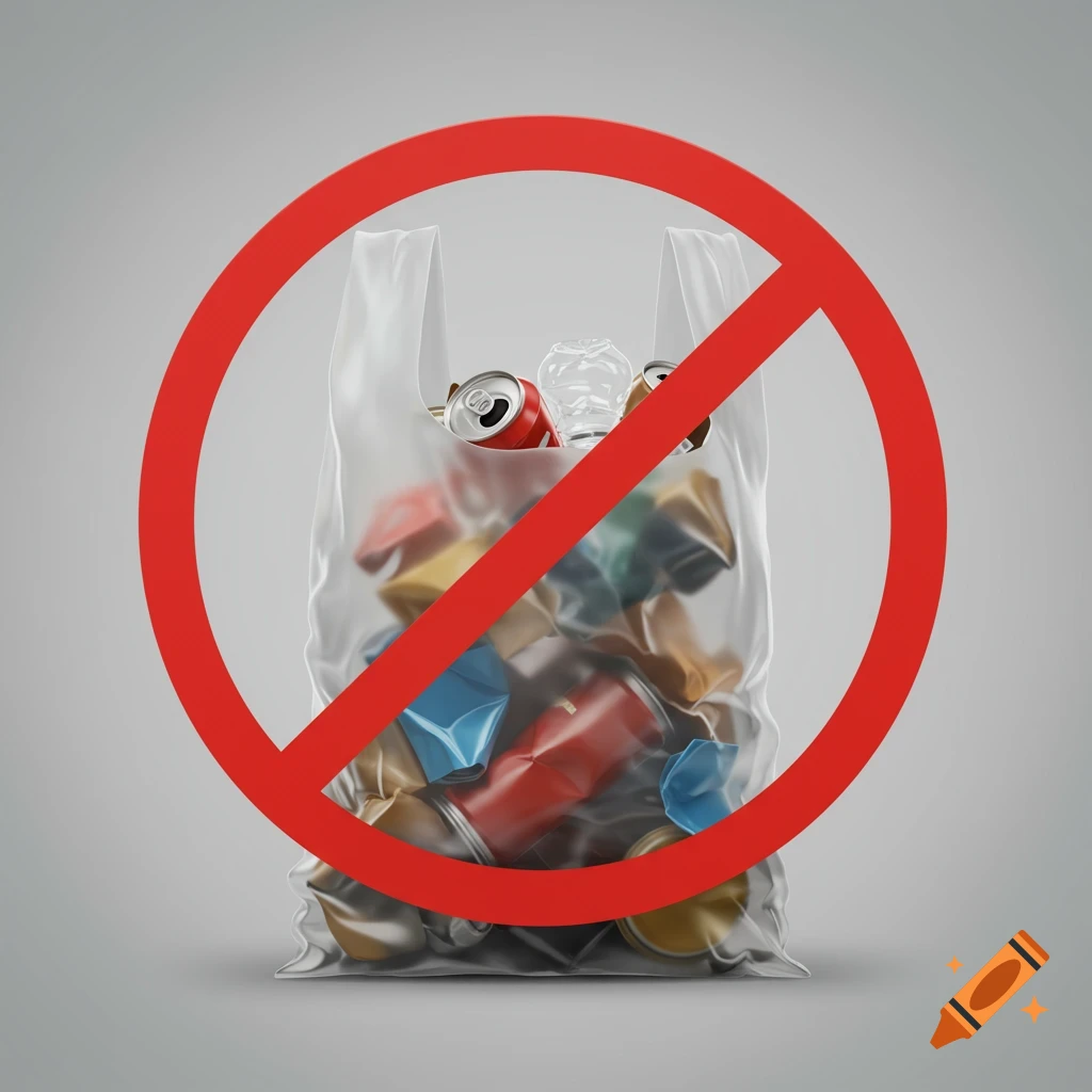 A clear plastic bag filled with crumpled colorful trash like cans and bottles, overlaid with a red circle and slash prohibitory symbol, on a grey background.