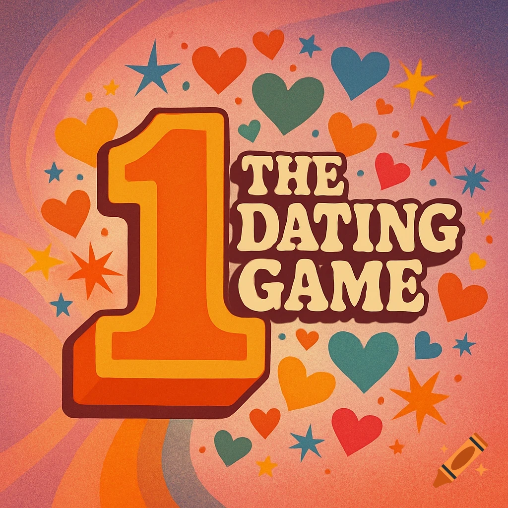 A retro 70s style illustration of a large orange number 1 next to the words "THE DATING GAME" surrounded by hearts and stars.