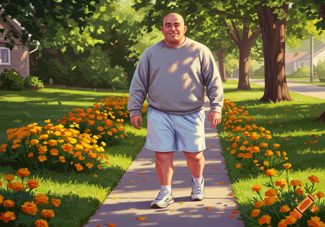 A bald man in a grey sweatshirt and white shorts smiles while walking on a sunny sidewalk lined with orange flowers and trees.