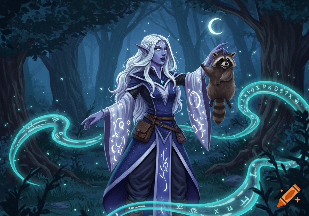 An elf sorceress with white hair and purple skin holds a raccoon in a glowing, dark forest, with arcane symbols on her robes and swirling magic.