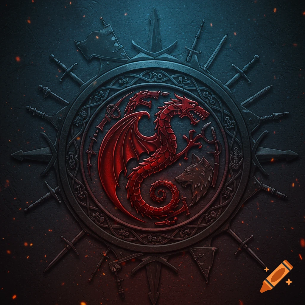 A circular, embossed dark fantasy emblem featuring a red three-headed dragon and a wolf head, surrounded by medieval weapons.