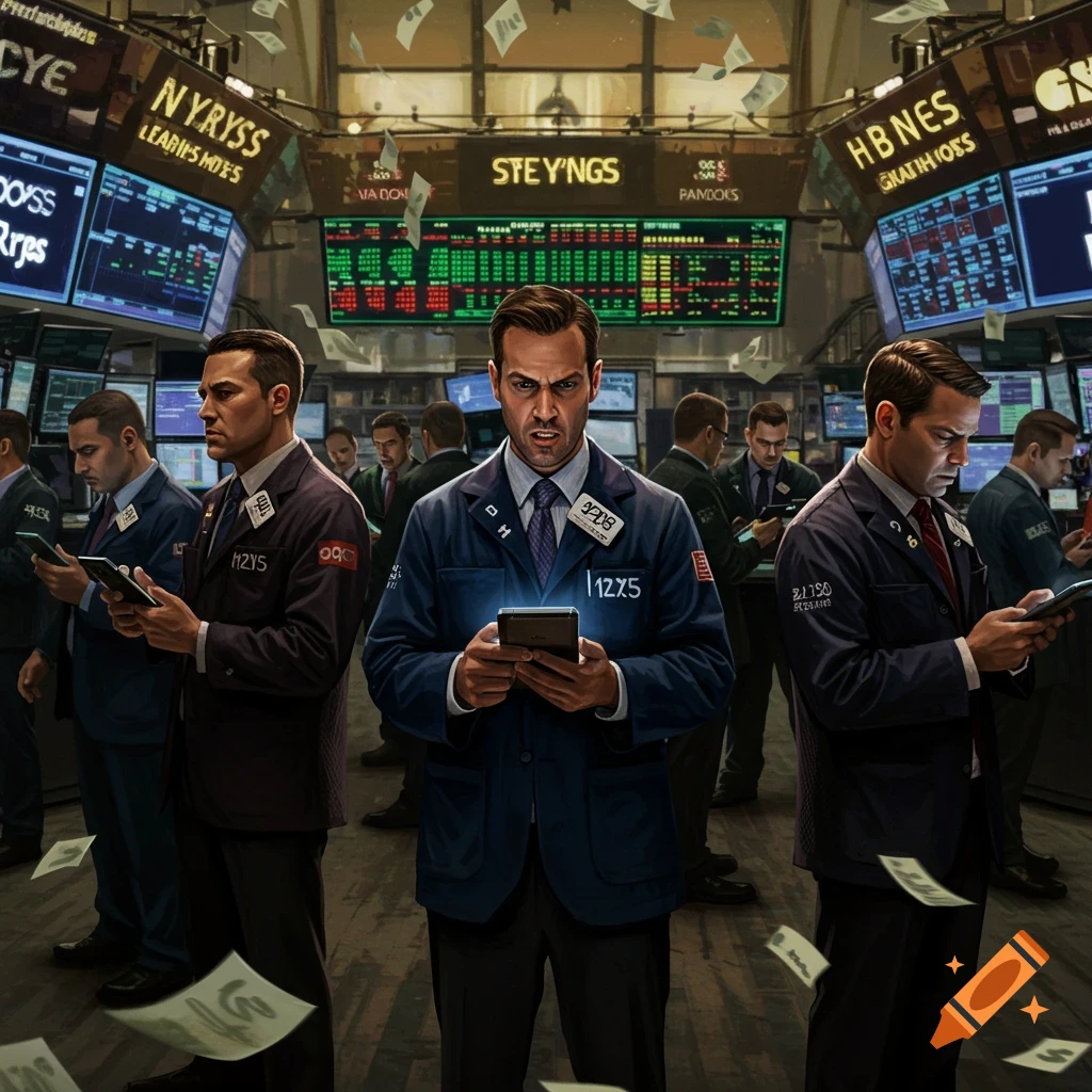 Photorealistic image of intense stock traders looking at phones on a busy trading floor with screens and falling money.