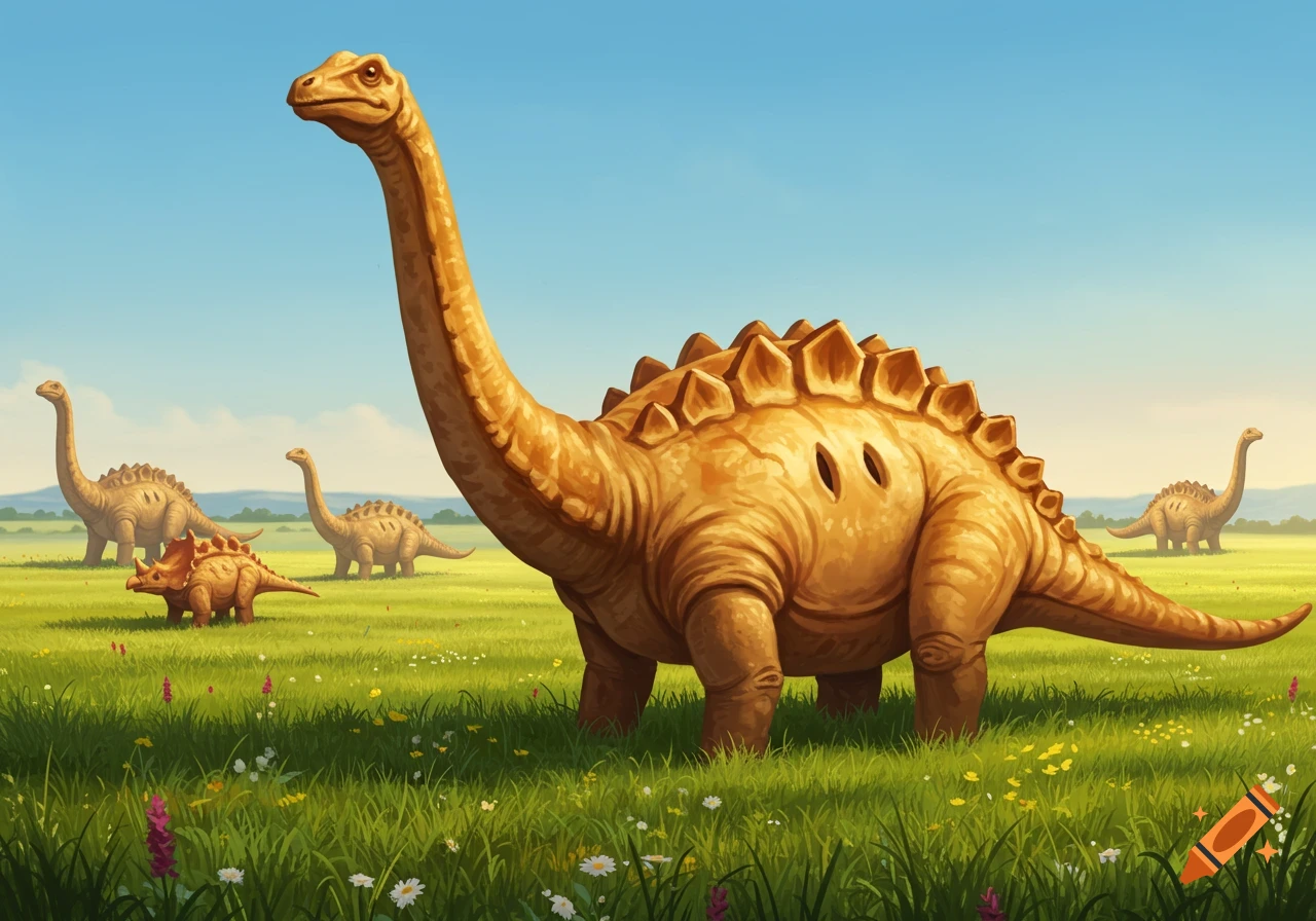 Dinosaurs made of meat pies stand in a grassy field under a blue sky.