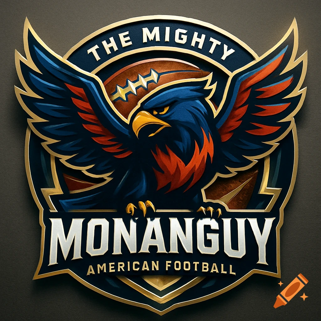 An American football team logo featuring a fierce blue and orange eagle with spread wings, above the text "MONANGUY AMERICAN FOOTBALL" and "THE MIGHTY" arched at the top. The logo is rendered with a metallic, layered effect on a dark background.