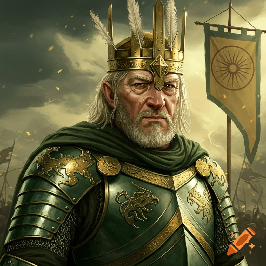 A serious, grey-bearded king in green and gold armor with a feathered crown, a banner, and stormy sky in the background.