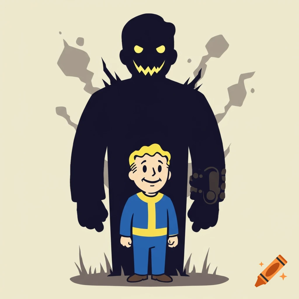 Cartoon illustration of Vault Boy standing in front of a large, menacing shadow figure with glowing eyes and a jagged smile.