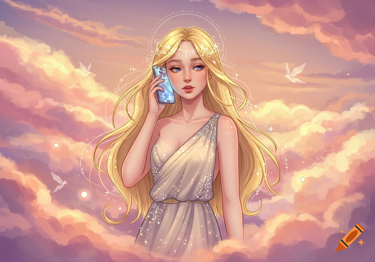 Blonde cartoon goddess on phone in sky surrounded by pink clouds, sparkles, and doves.