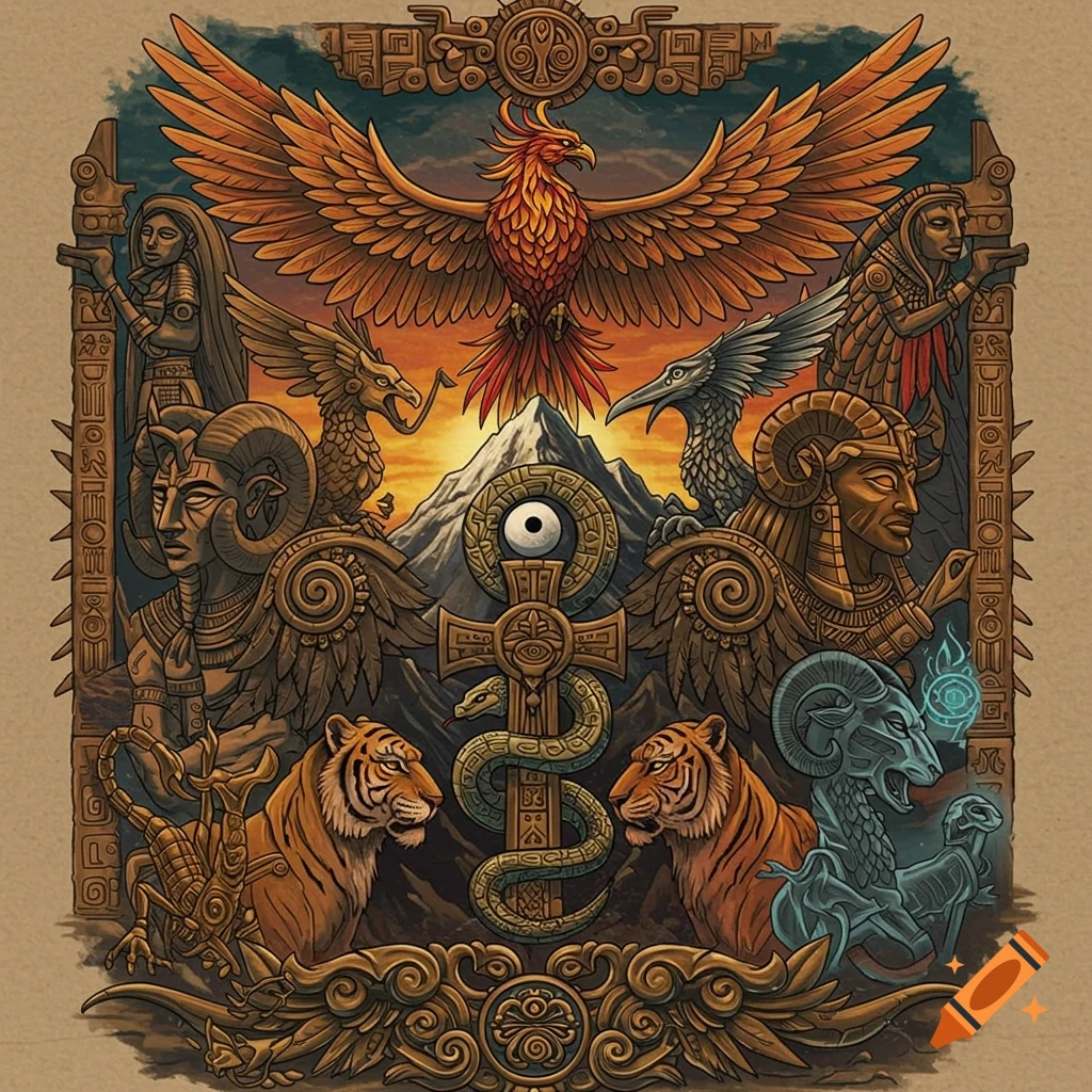 A complex, stylized tribal tattoo design featuring a central phoenix, flanked by ram-headed figures, tigers, a dragon, and a scorpion, with a mountain and an ankh-like cross in the background, all in Aztec and Egyptian artistic styles.