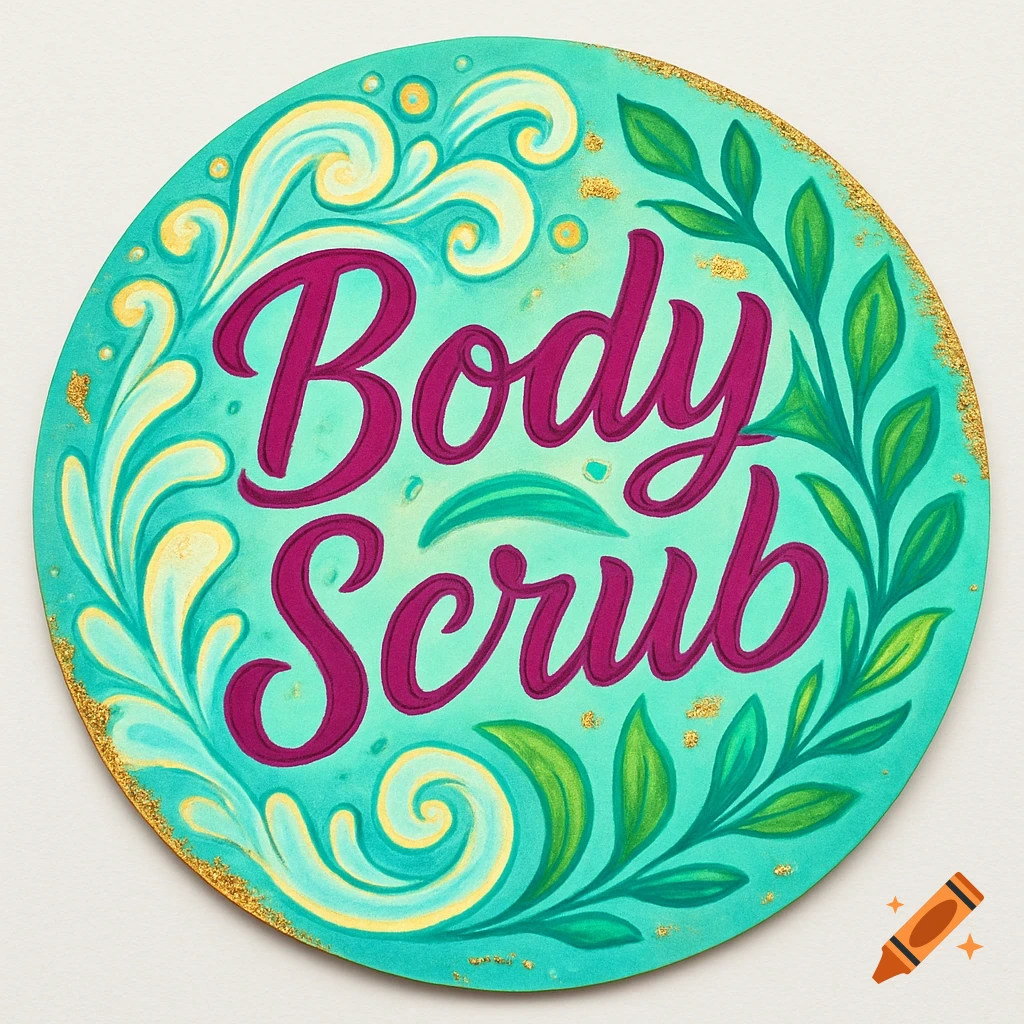 A round teal sticker with "Body Scrub" in pink script, surrounded by green leaves, yellow swirls, and gold specks.