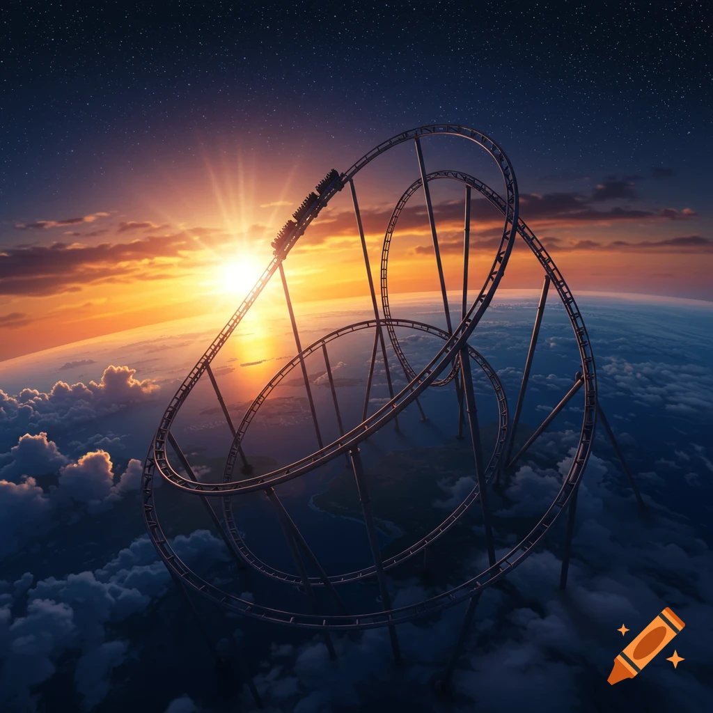 A rollercoaster track wraps around a planet, silhouetted against a vibrant sunset sky with clouds and stars.