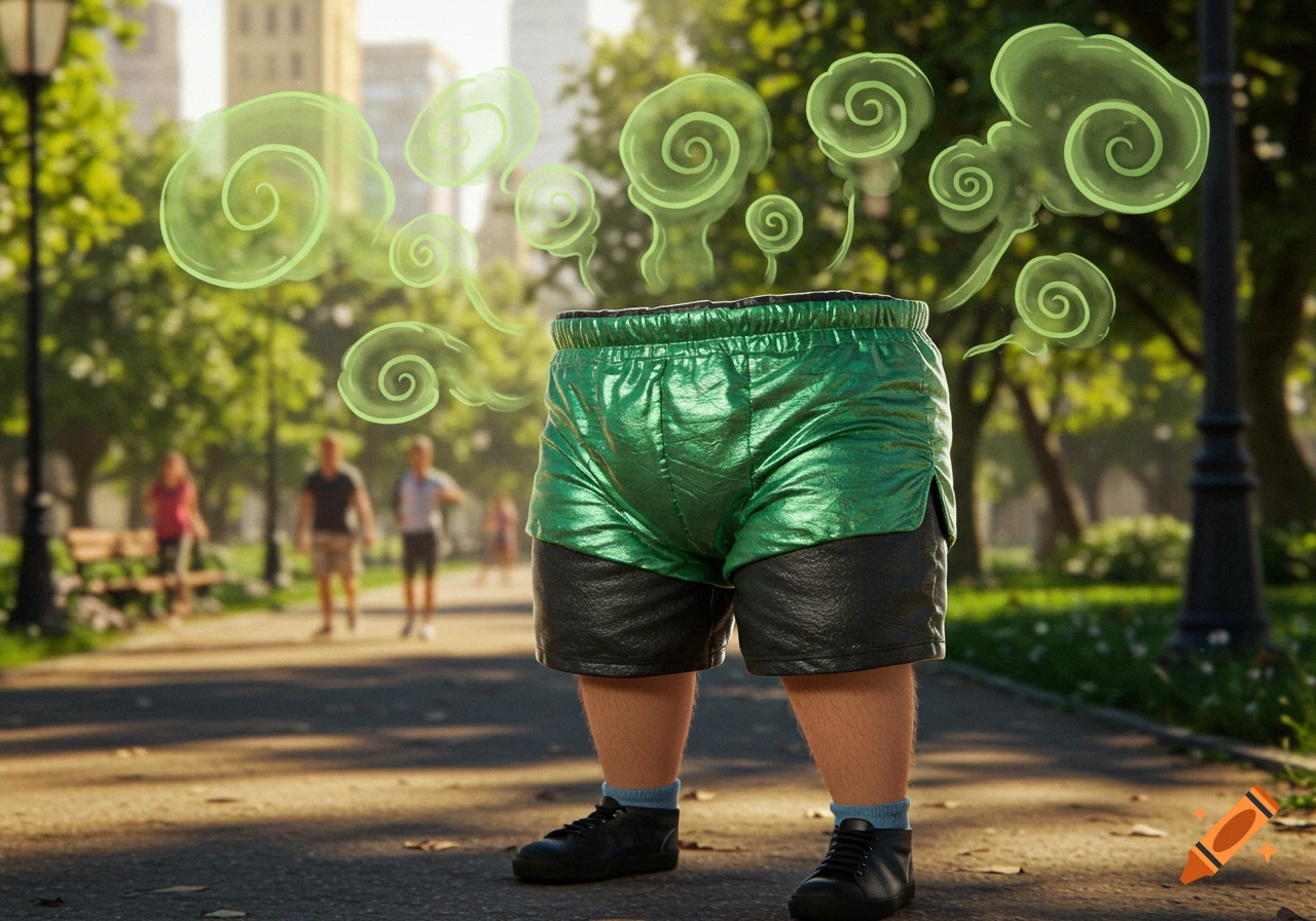 A pair of human legs wearing black shoes, blue socks, green shorts over black shorts, standing in a park, with green swirling fumes rising from above the shorts.