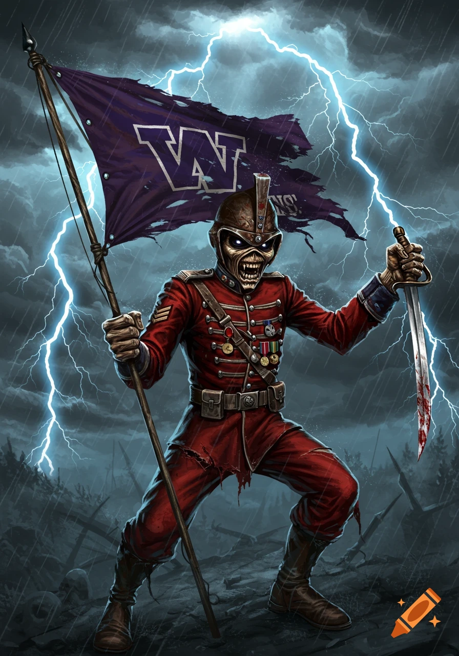 Illustration of Iron Maiden's Eddie as "The Trooper", in a red uniform, holding a ripped Washington Huskies flag and a bloody saber, against a stormy lightning sky.
