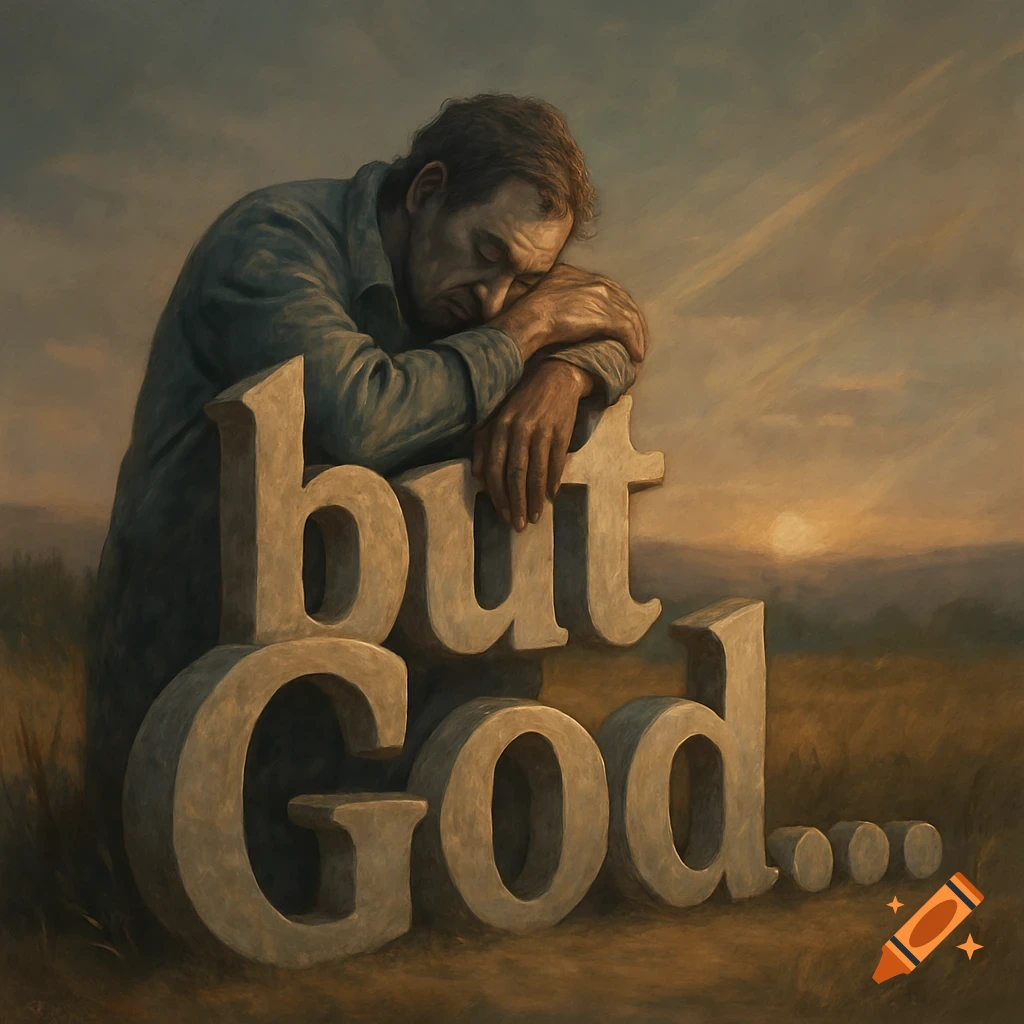 An exhausted man leans on large words 'but God...' in a desolate landscape at sunset, in a painterly style.