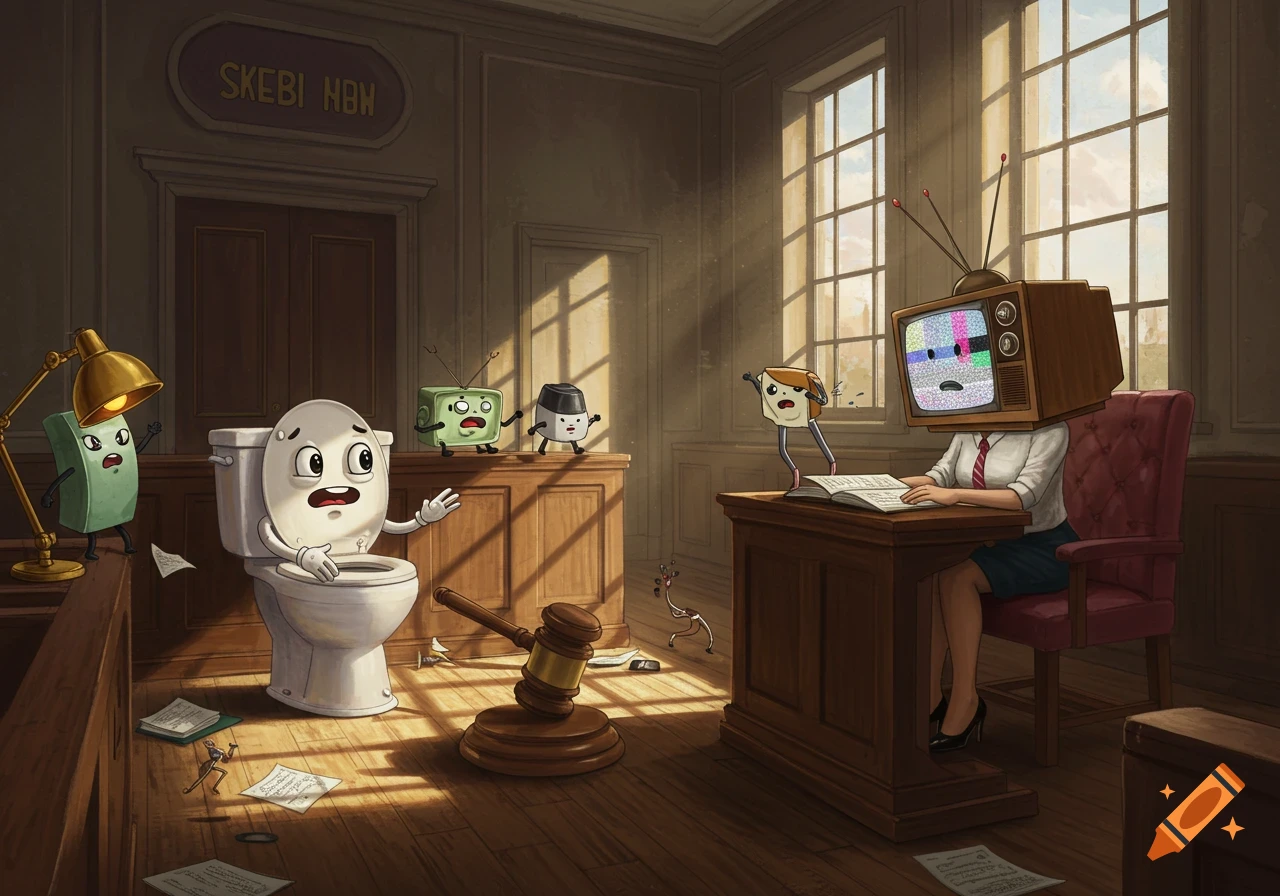 Cartoon anthropomorphic toilet, lamp, and TV characters in a courtroom setting, with a TV-headed woman at a desk and a gavel on the floor. Stylized art.