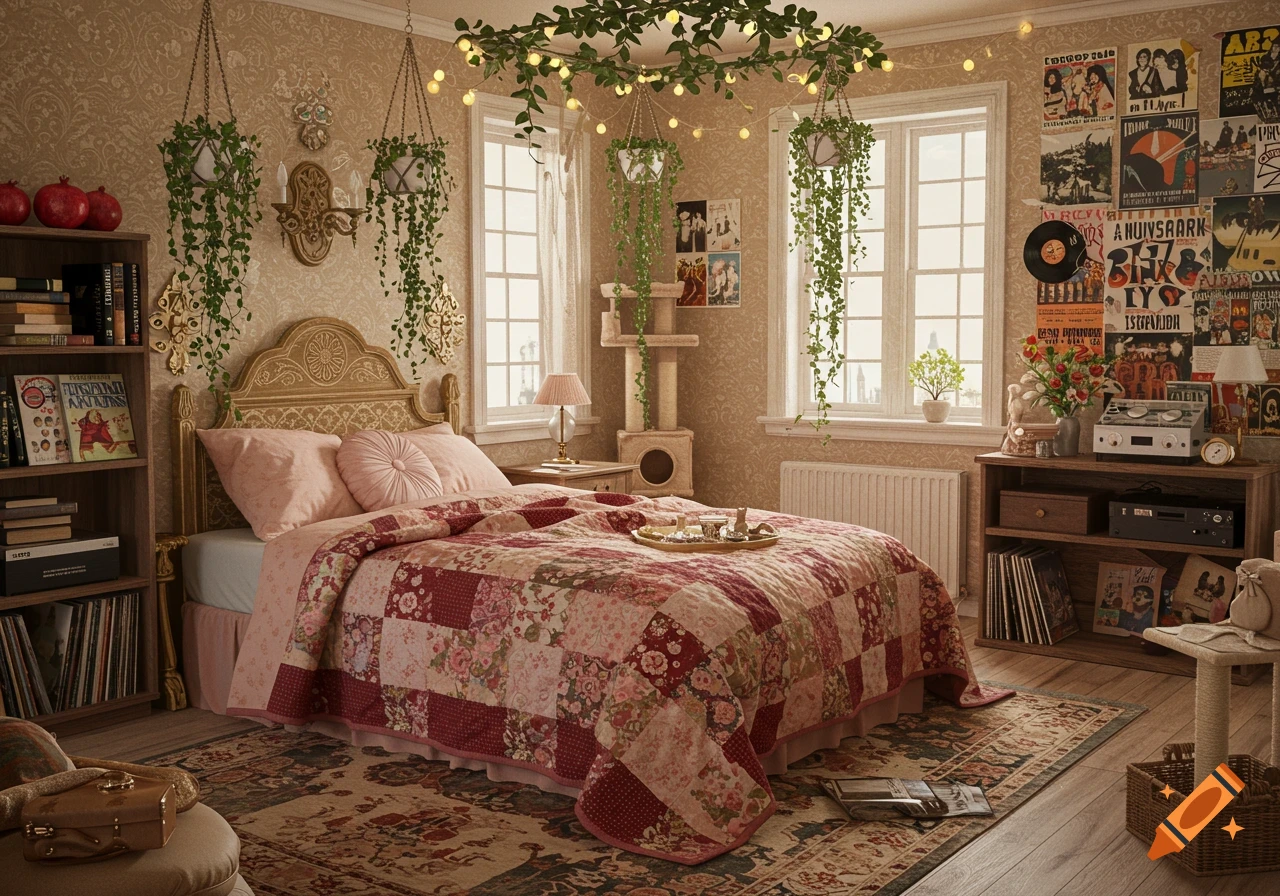 Indie Aesthetic Bedroom With Unique Decor created on Craiyon, image size:1280x896