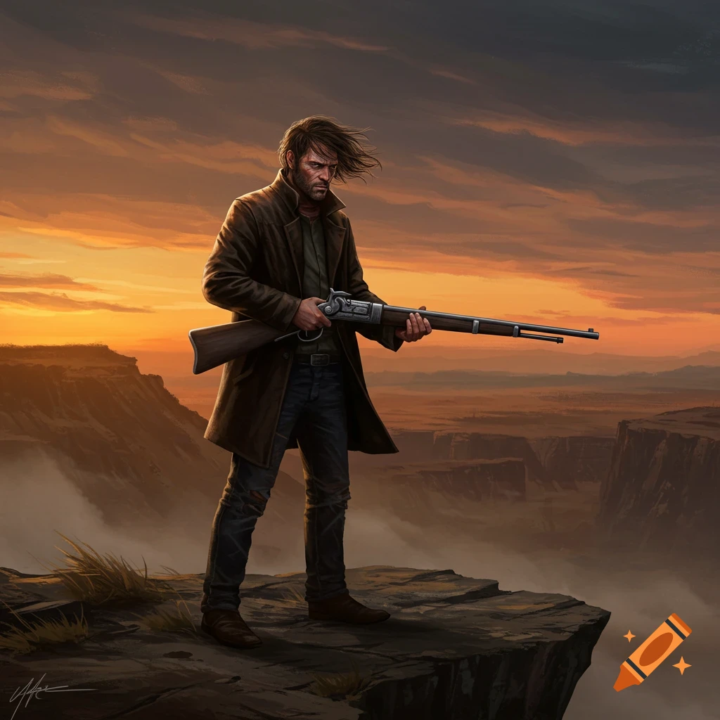 A man in a coat stands on a cliff edge holding a rifle, overlooking a vast desert canyon at sunset in a digital painting.