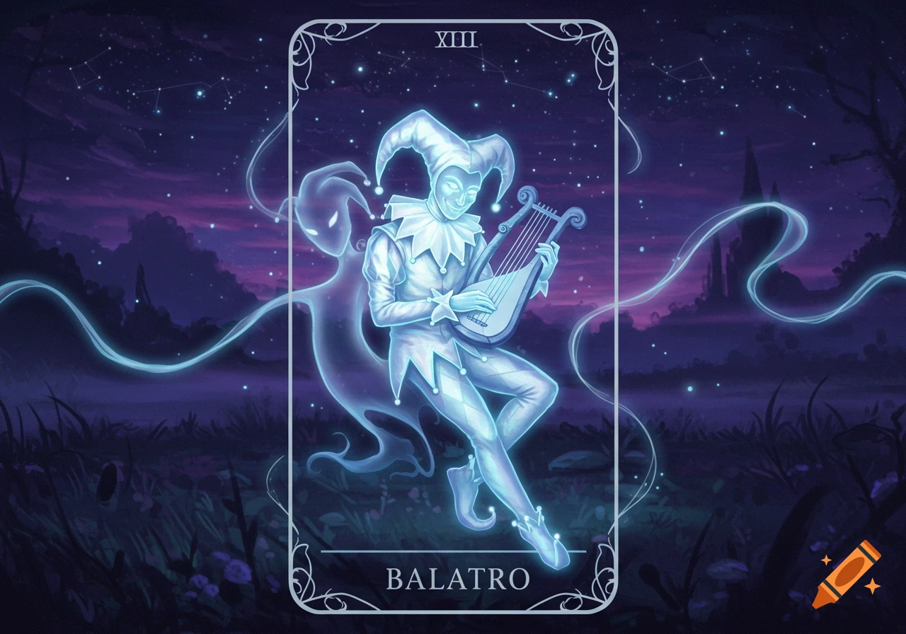 A glowing spectral jester playing a lyre on a tarot card, with a ghost figure behind, set against a dark, starry night sky.