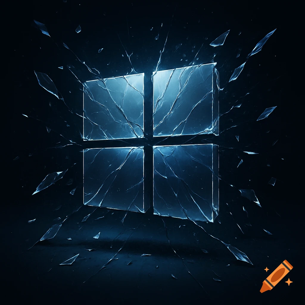 A shattered, icy blue Windows logo bursts outwards on a dark background with glass fragments.