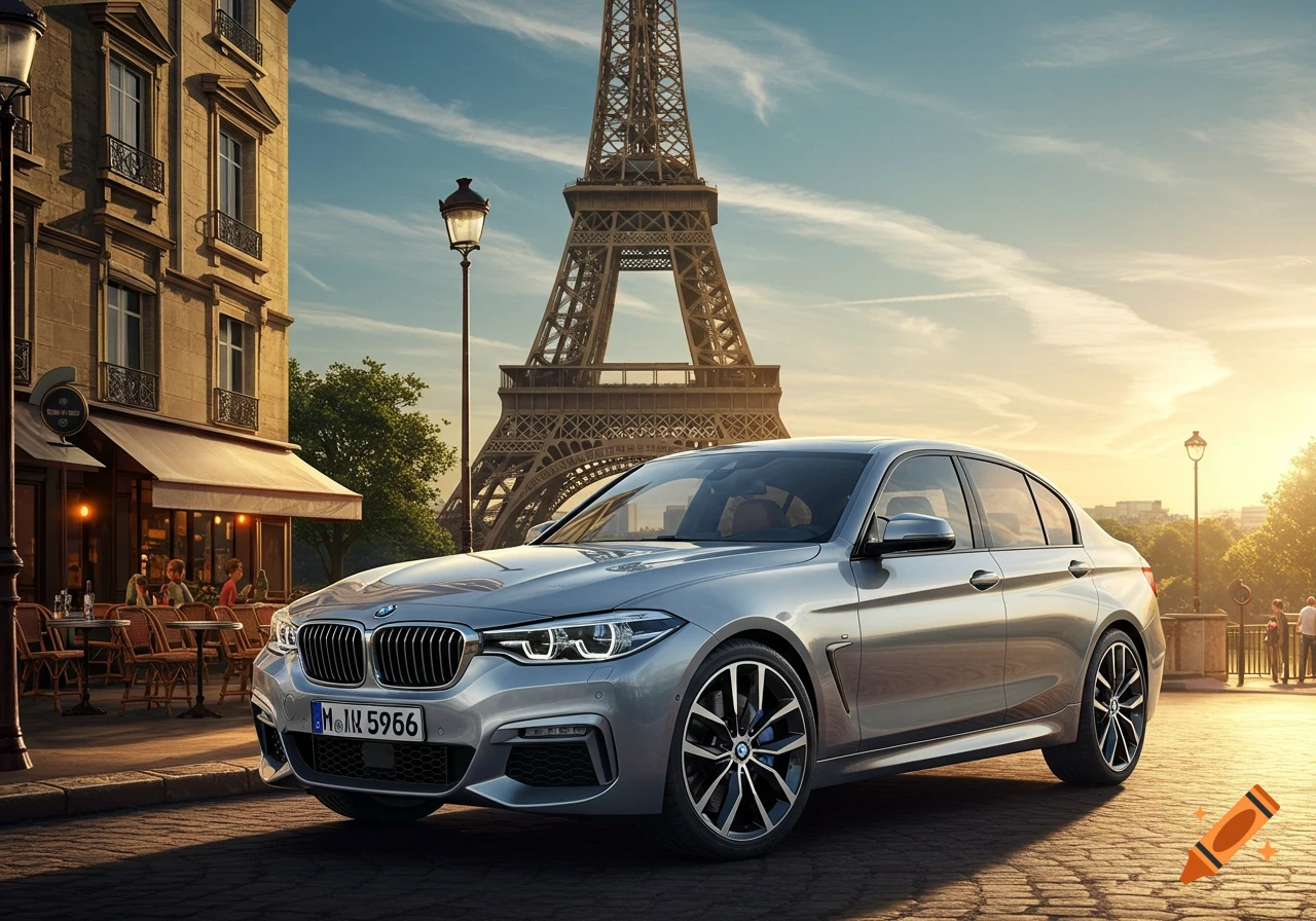A silver BMW sedan is parked on a cobbled street in Paris, with the Eiffel Tower and a cafe in the background at sunset.
