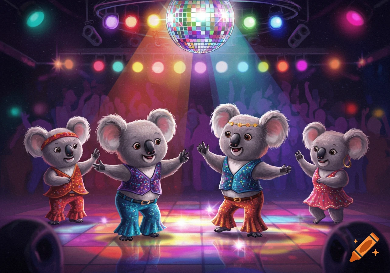 Four cute cartoon koalas dancing on a colorful light-up floor under a disco ball.