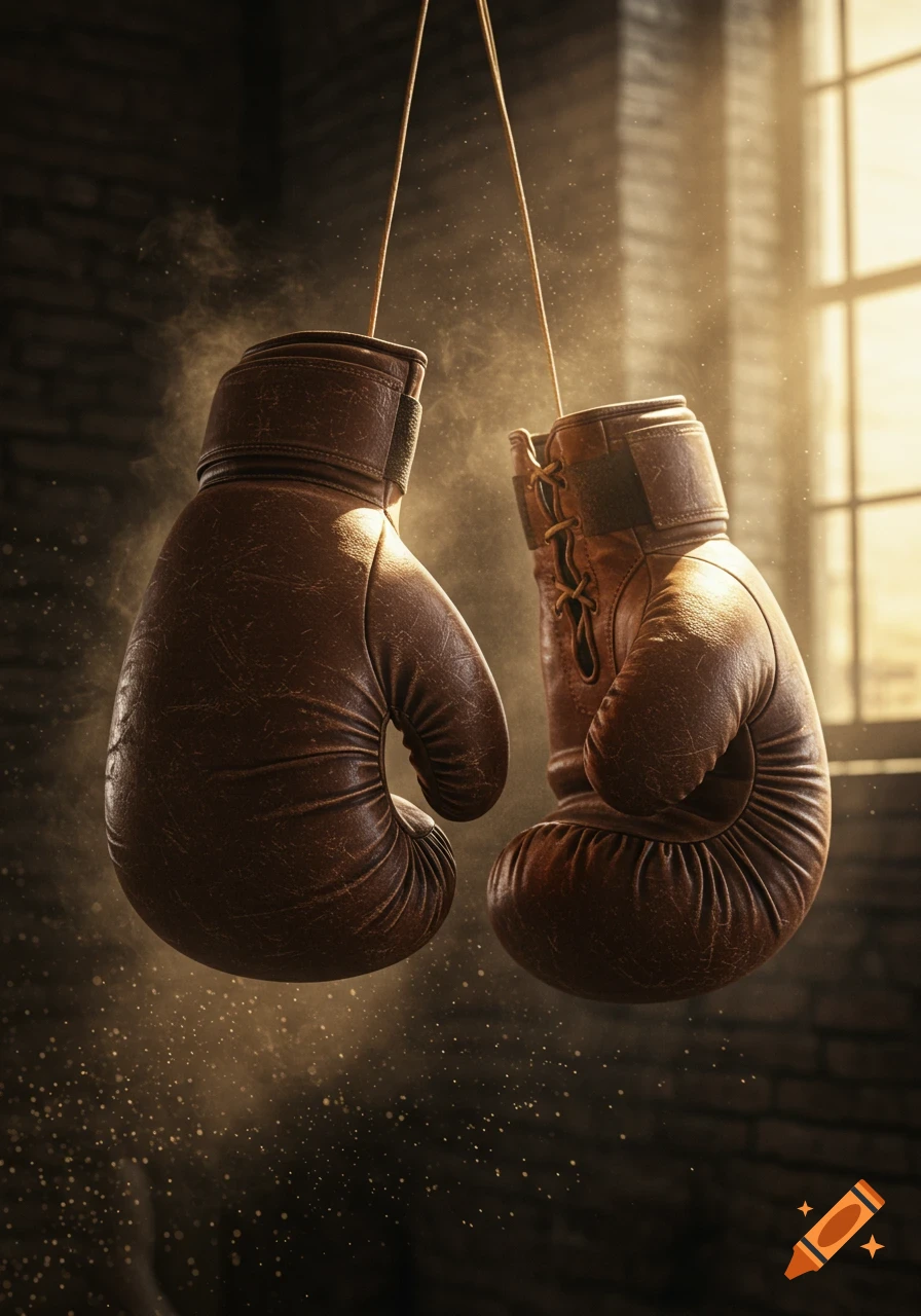 Two vintage brown leather boxing gloves hang in a dusty gym with light streaming through a window.