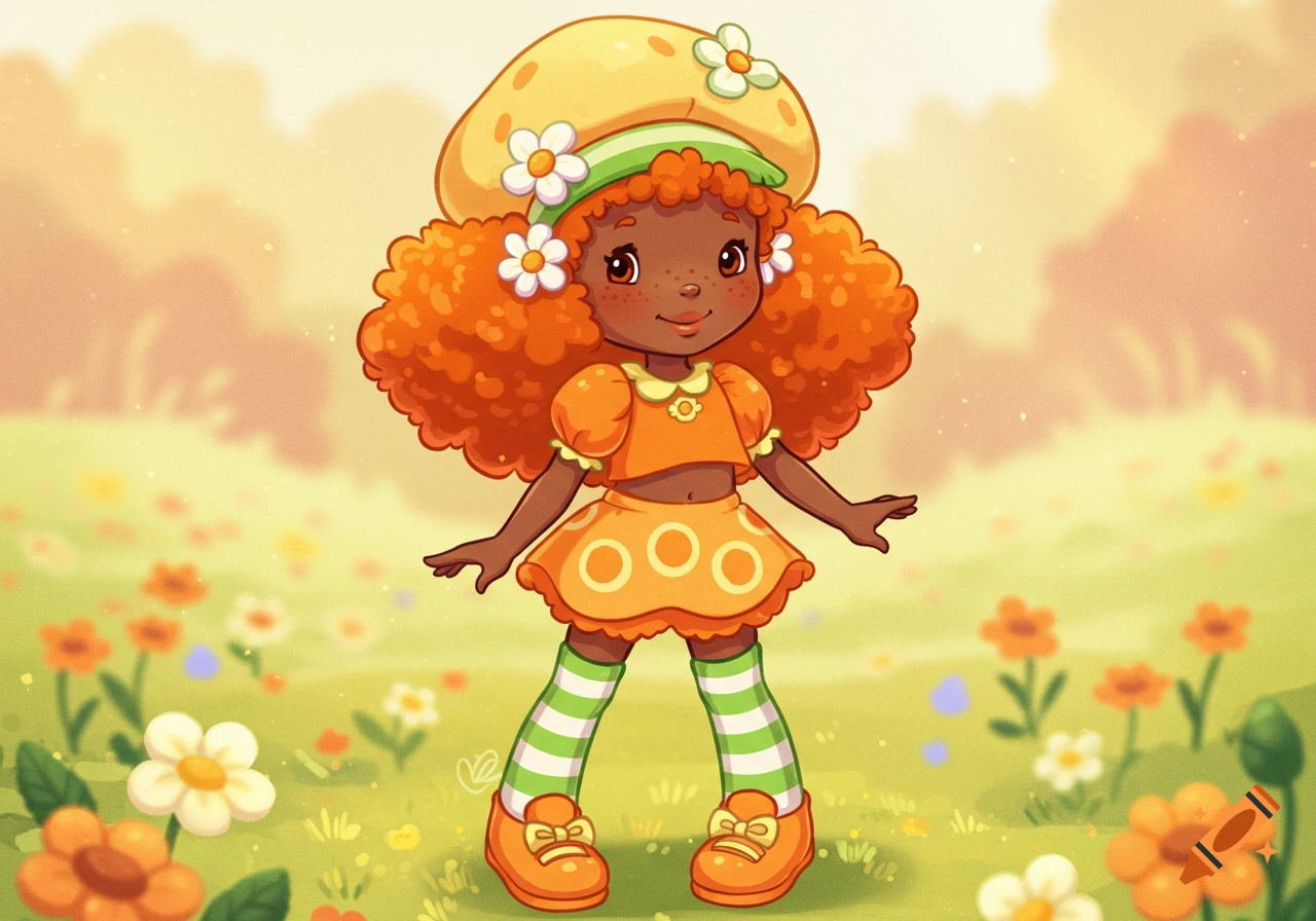 A cute cartoon illustration of an African American girl with orange curly hair and a yellow mushroom hat, wearing an orange top and skirt, and striped green and white socks, standing in a field of flowers.