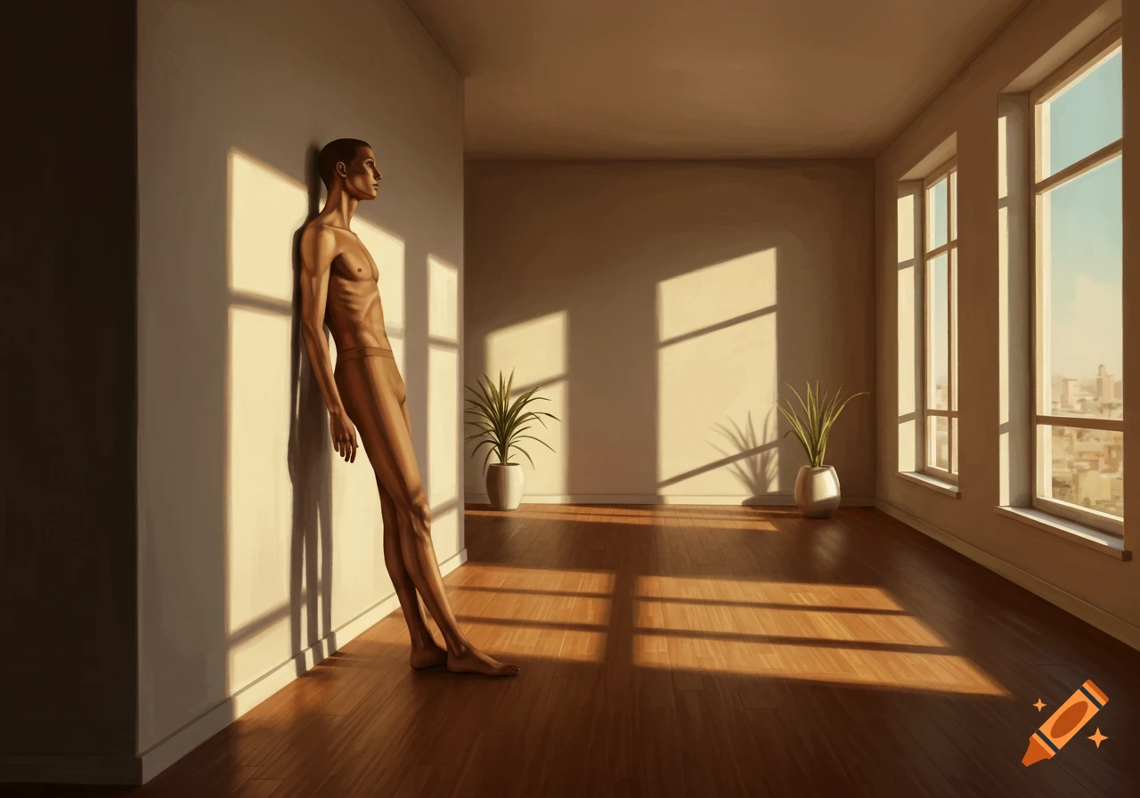 An artistic rendering of a very thin man leaning against a sunlit wall in an empty room with large windows and wooden floors.