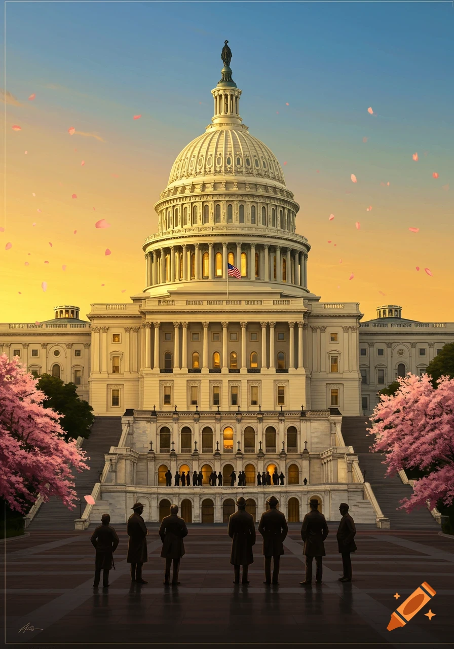 The US Capitol building with a large dome at sunrise or sunset, surrounded by pink cherry blossom trees, with people standing in front.