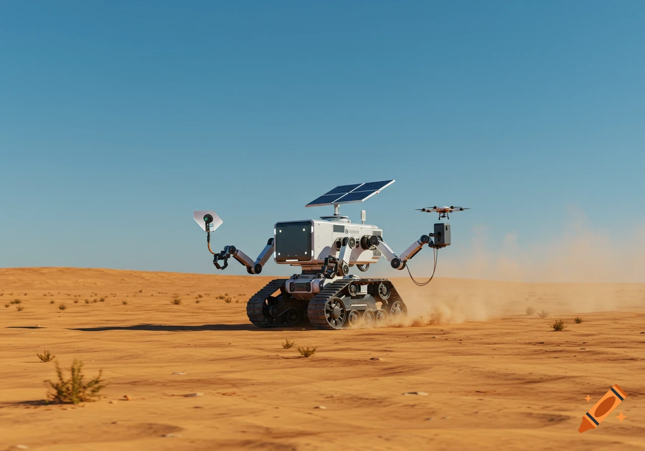An autonomous, tracked robot with solar panels and robotic arms drives through a sandy desert with a drone hovering above one arm.