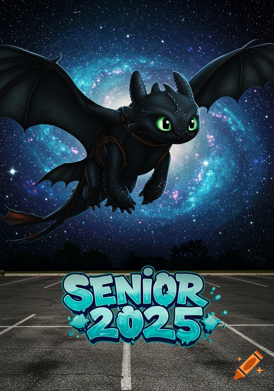 Toothless, the black dragon, flies over a starry galaxy background above a parking lot with 'SENIOR 2025' in graffiti font.