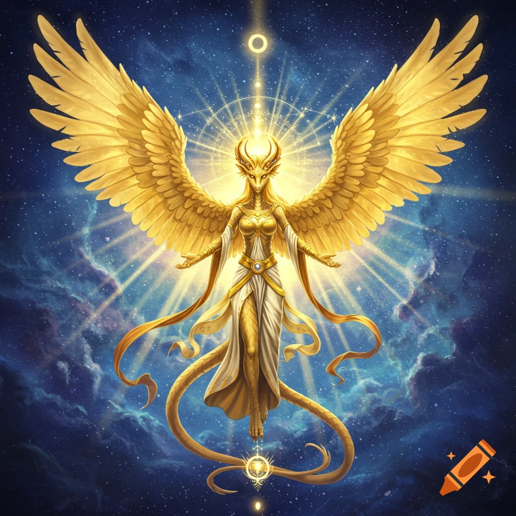 A golden-winged draconian goddess with glowing skin and white robes floats majestically amidst swirling stars and radiant light.
