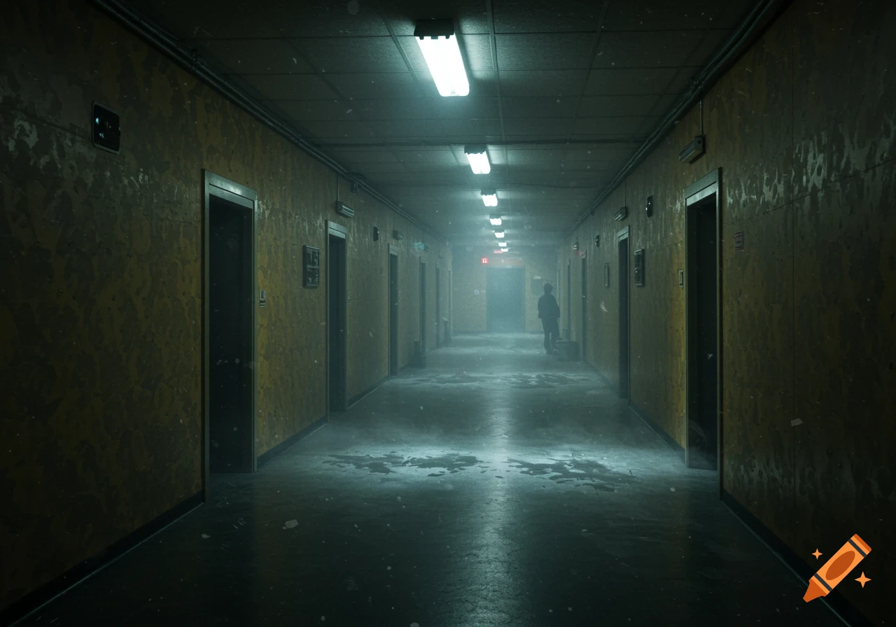 A long, dark, and eerie hallway with dirty yellow walls, a wet floor, and fluorescent lights. A lone silhouetted figure stands in the hazy distance.