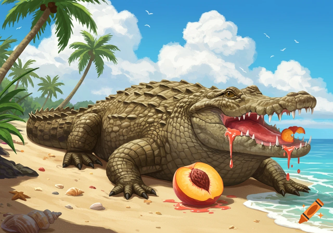 A cartoon crocodile with an open mouth on a tropical beach, with peach juice dripping, next to a halved peach.