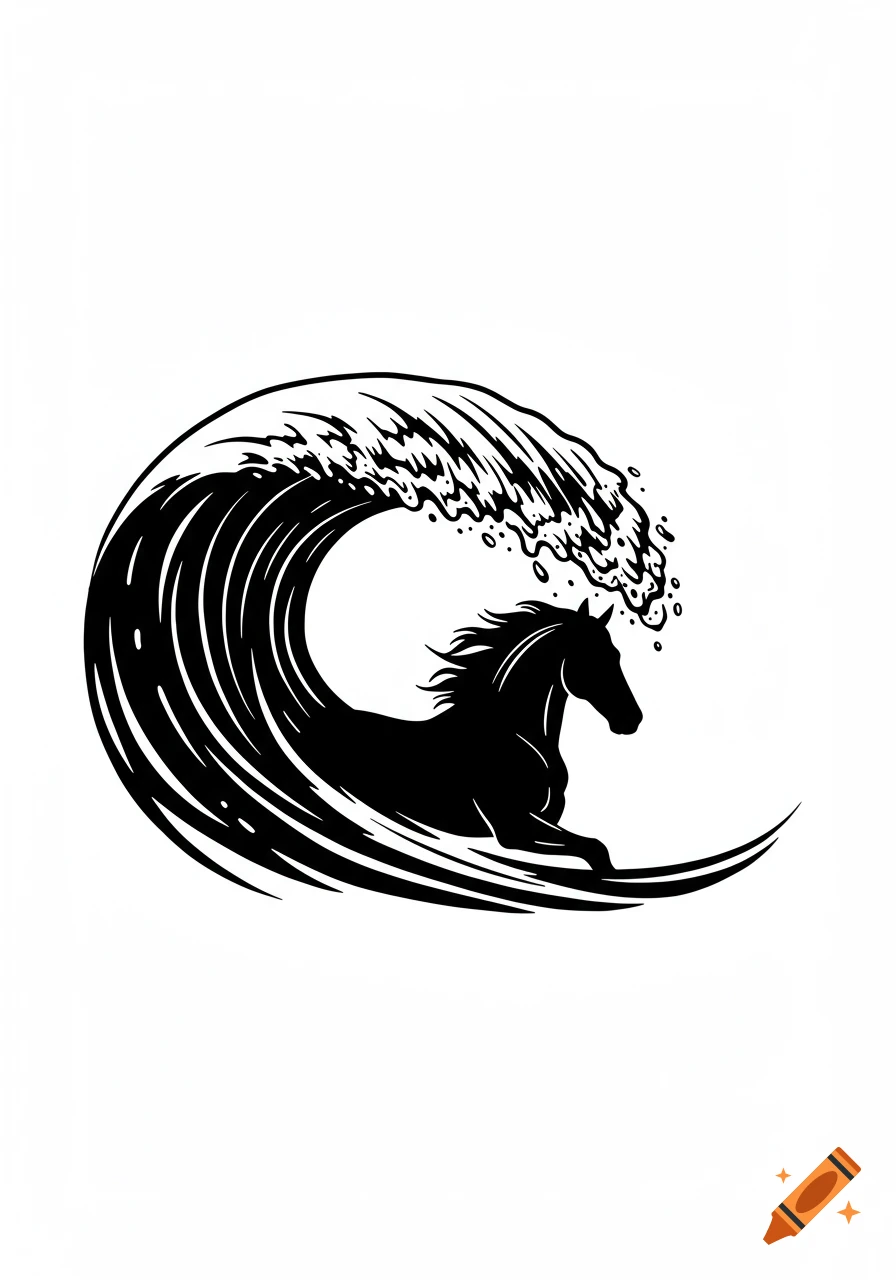 A black silhouette of a horse emerging from a curling wave on a white background.