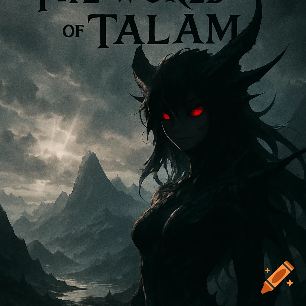 A dark, horned anime-style creature with glowing red eyes in a gloomy mountain landscape, with "THE WORLD OF TALAM" text.