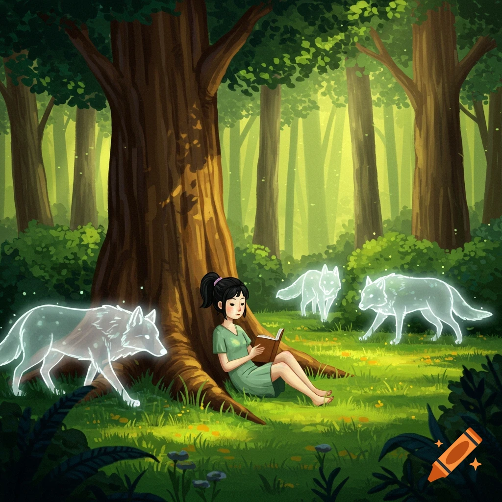 A cartoon girl with black hair reads a book under a tree in a sunlit forest, surrounded by three glowing, ghost-like wolves.