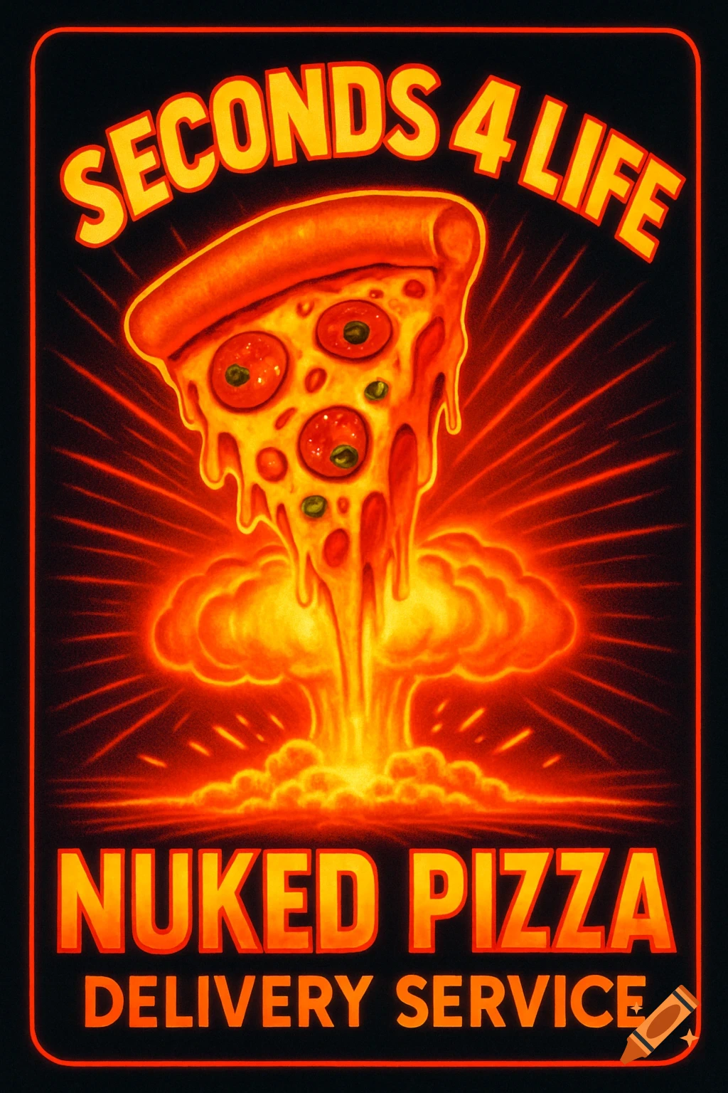 A retro-style poster of a pizza slice transforming into a mushroom cloud, with "SECONDS 4 LIFE NUKED PIZZA DELIVERY SERVICE" text.