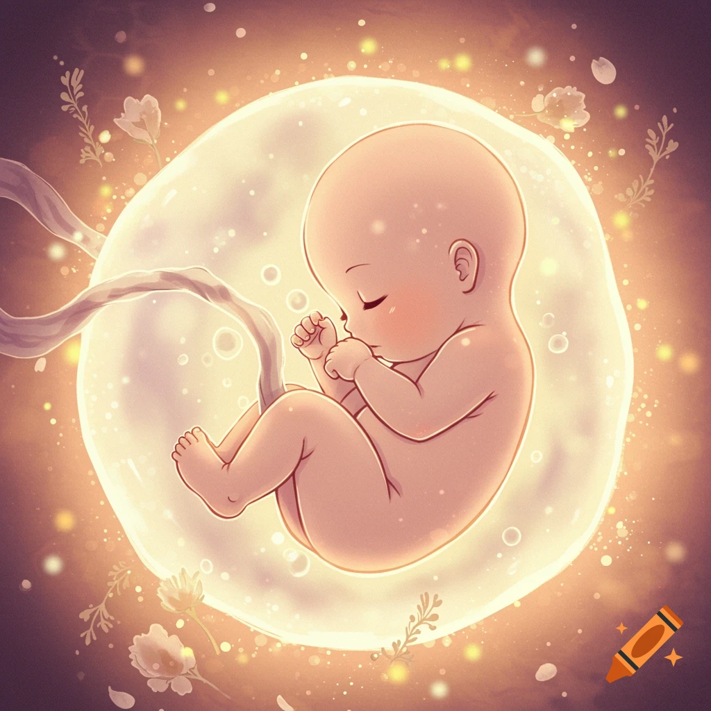 An anime-style illustration of a baby curled up in a glowing, transparent womb, surrounded by glowing particles and delicate flowers.