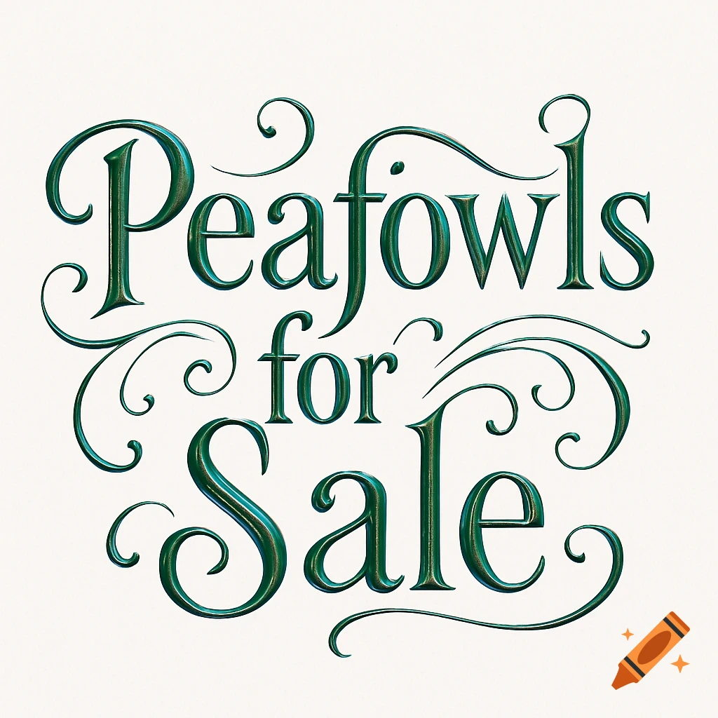 Decorative green metallic lettering with flourishes on a white background spells out 'Peafowls for Sale'.