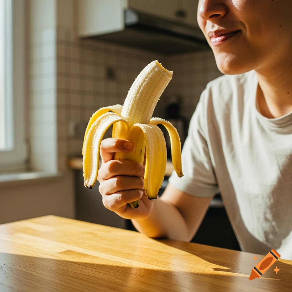 Person holding a partially peeled banana in a sunlit kitchen, about to eat it.
