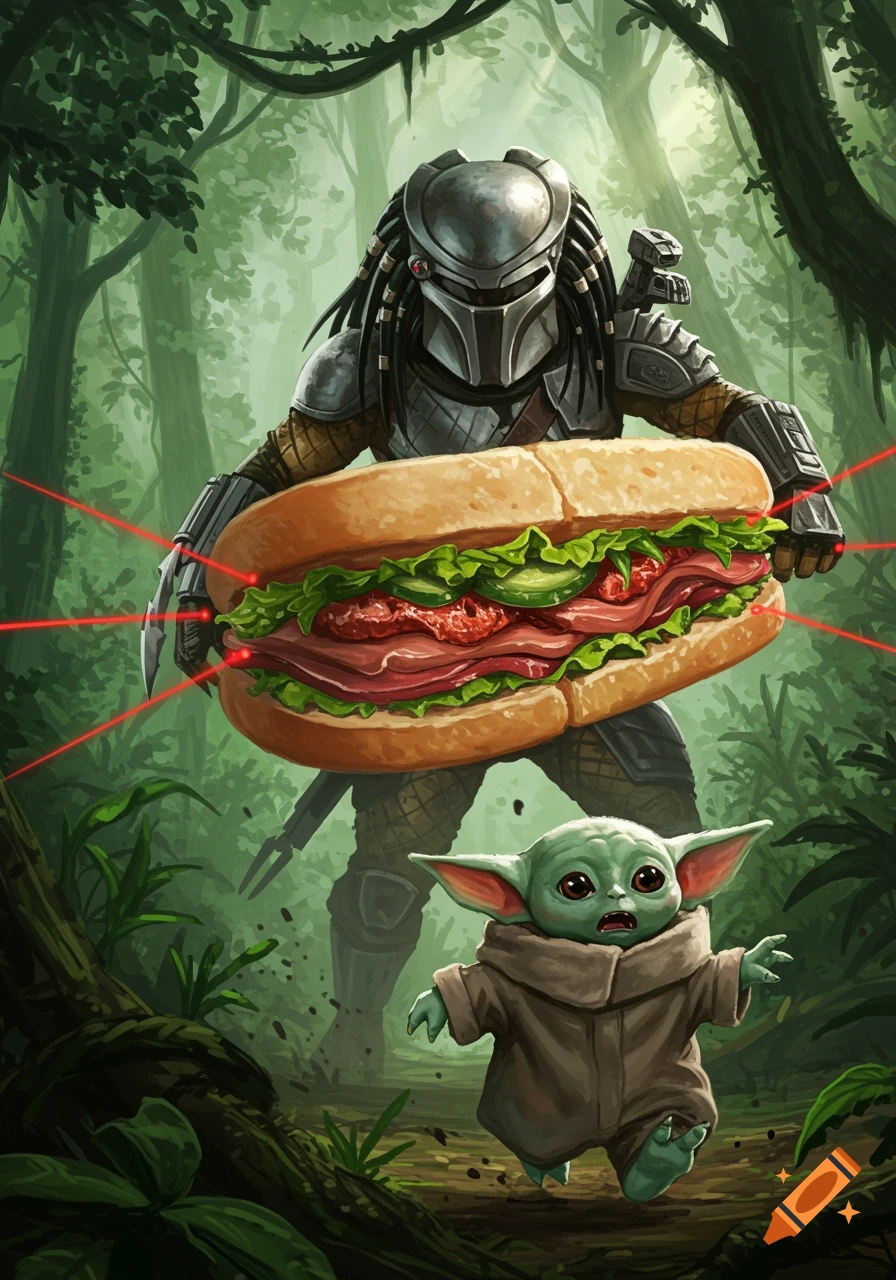 A stylized illustration shows a Predator chasing Grogu in a jungle, holding a large sandwich with laser sights.