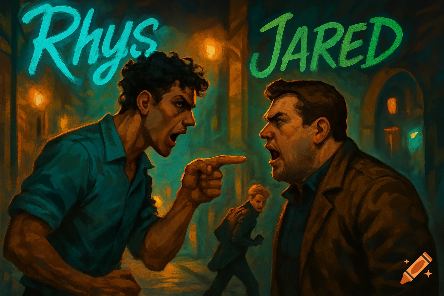 A painterly illustration of two men, Rhys and Jared, arguing intensely on a dark street while a third person, Benson, sneaks away in the background.