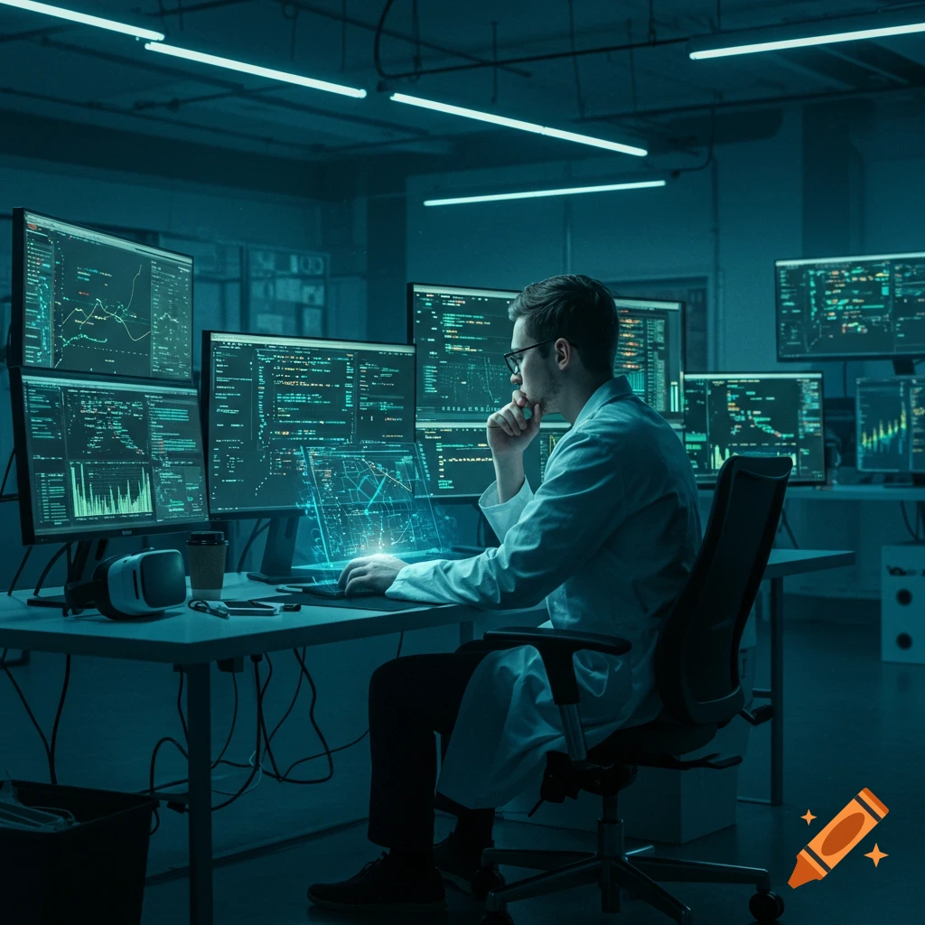 A man in a lab coat works at multiple computer screens displaying data and code in a dark, teal-lit server room, photorealistic style.